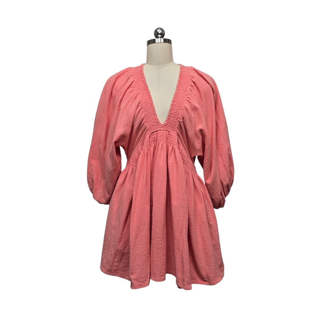 Free People Pink Cotton Gauze Smocked V-Neck Balloon Sleeve Mini Dress Sz Small